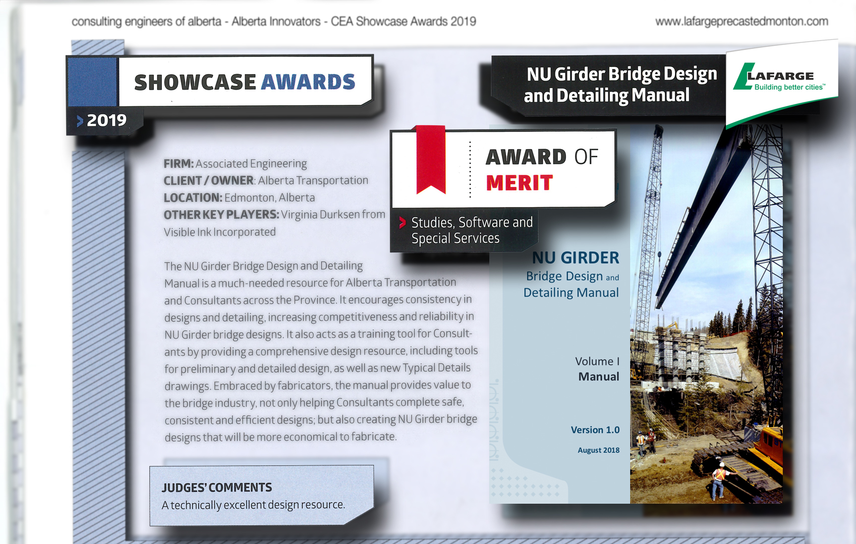 Lafarge Precast Edmonton Studies, Software & Special Services – Award of Merit @associatedeng – NU Girder Bridge Design and Detailing Manual #ceaawards2019